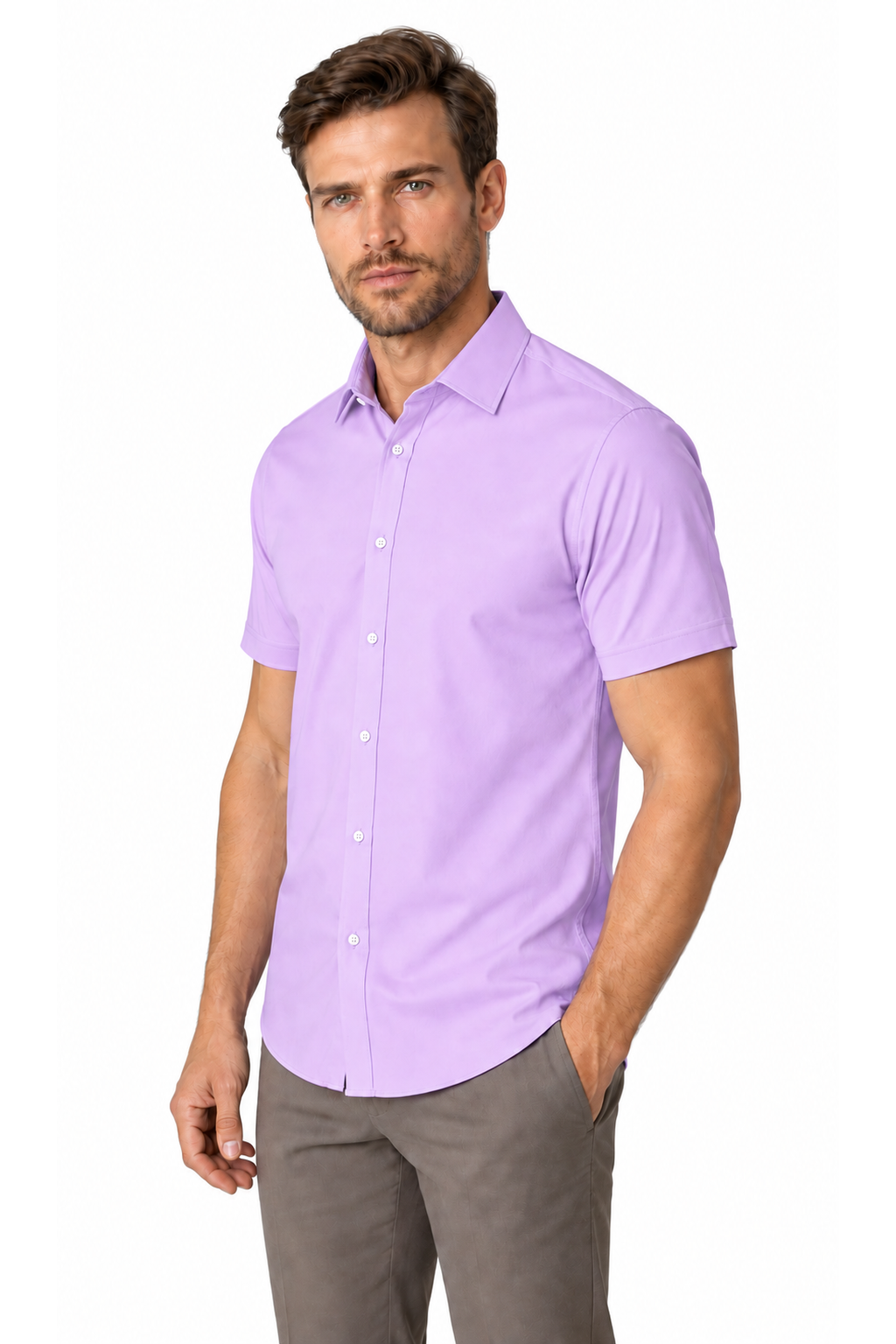 Ventorino short-sleeve button-collar shirt in light purple — model view