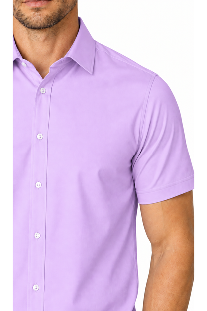 Ventorino short-sleeve button-collar shirt in light purple — fabric and collar detail