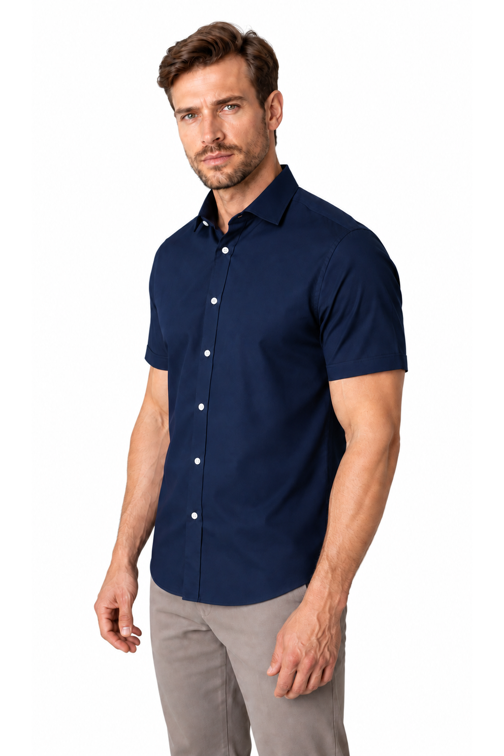 Ventorino short-sleeve button-collar shirt in navy blue — model view