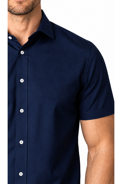 Ventorino short-sleeve button-collar shirt in navy blue — fabric and collar detail