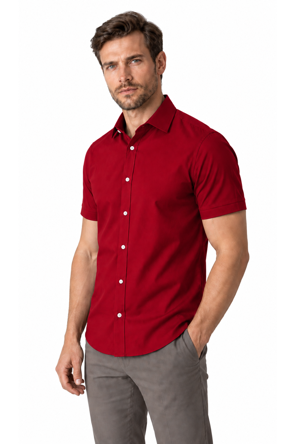Ventorino short-sleeve button-collar shirt in red — model view