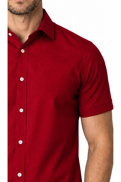 Ventorino short-sleeve button-collar shirt in red — fabric and collar detail