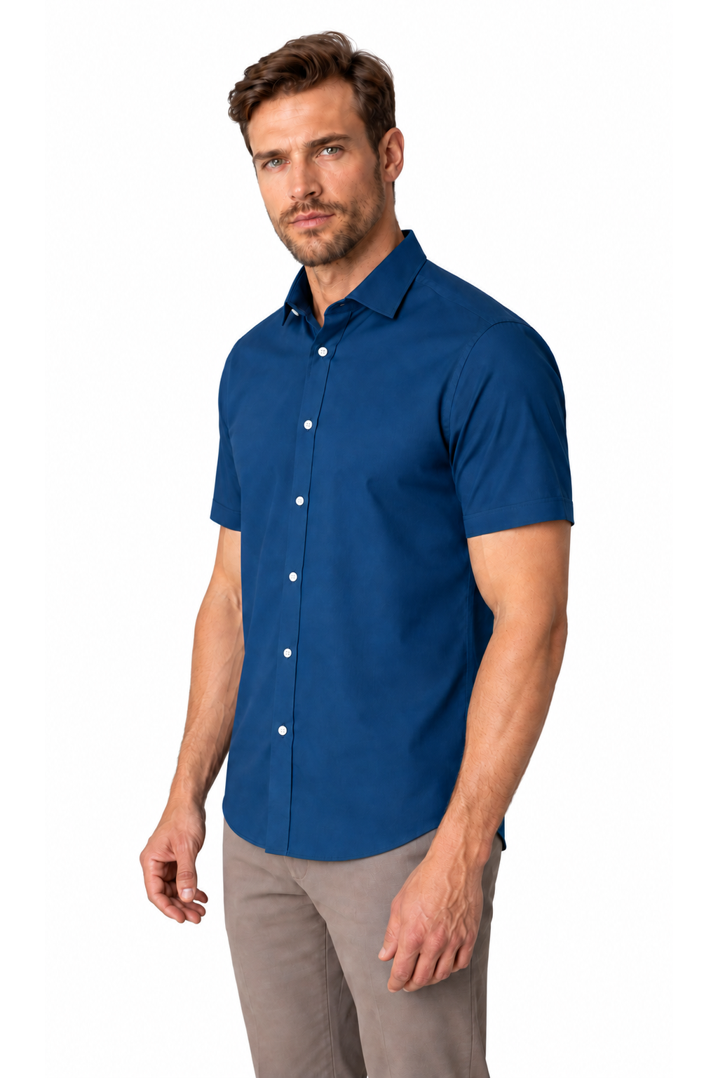Ventorino short-sleeve button-collar shirt in sea blue — model view
