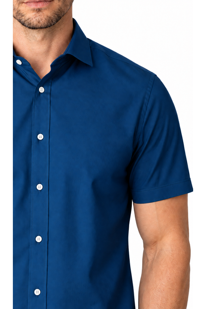 Ventorino short-sleeve button-collar shirt in sea blue — fabric and collar detail