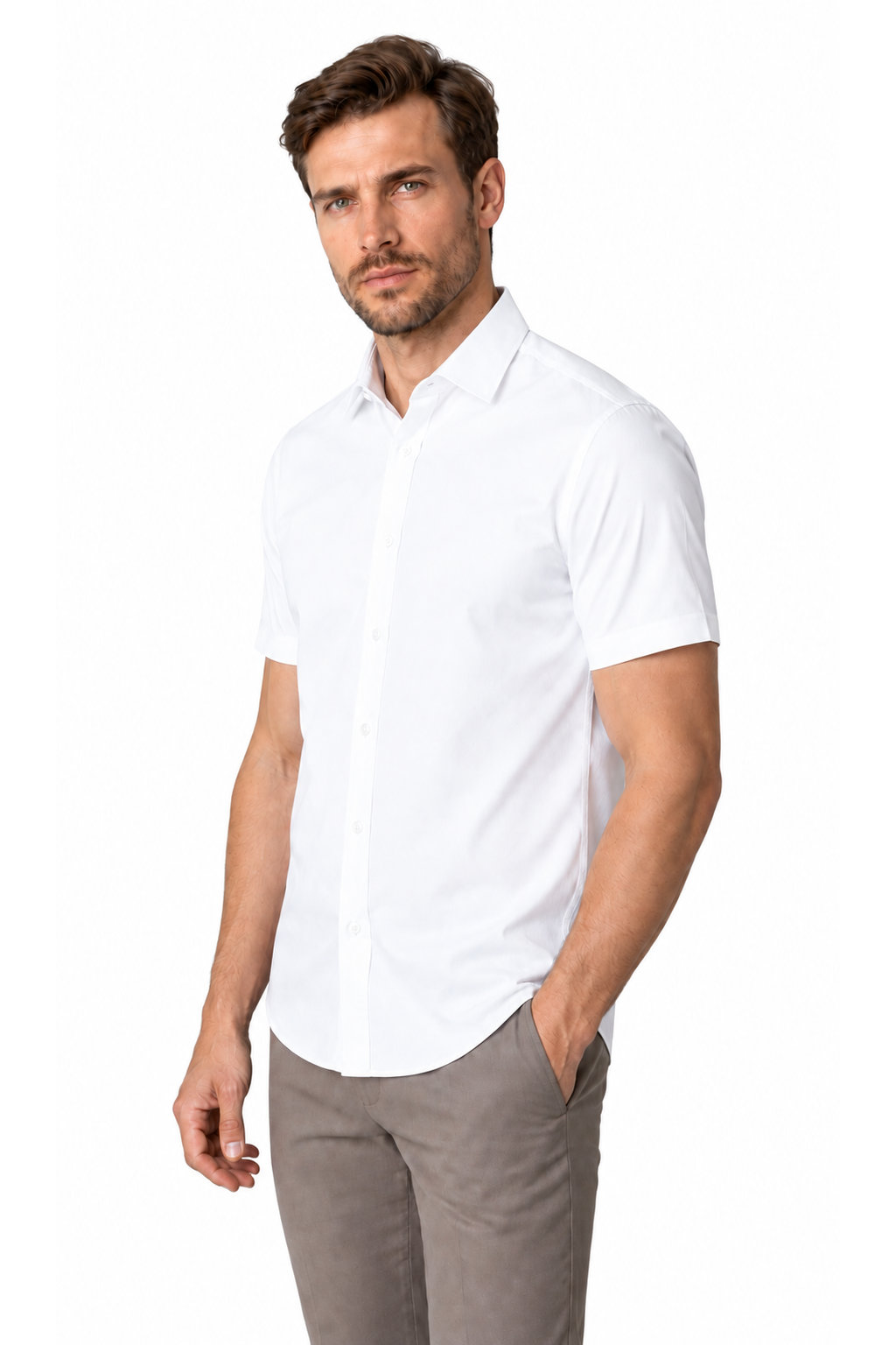 Ventorino short-sleeve button-collar shirt in white — model view