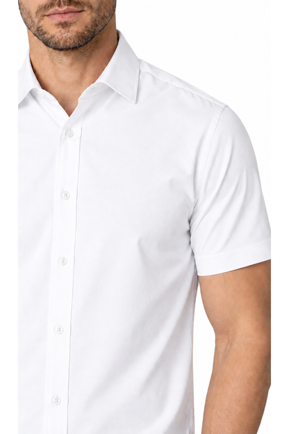 Ventorino short-sleeve button-collar shirt in white — fabric and collar detail