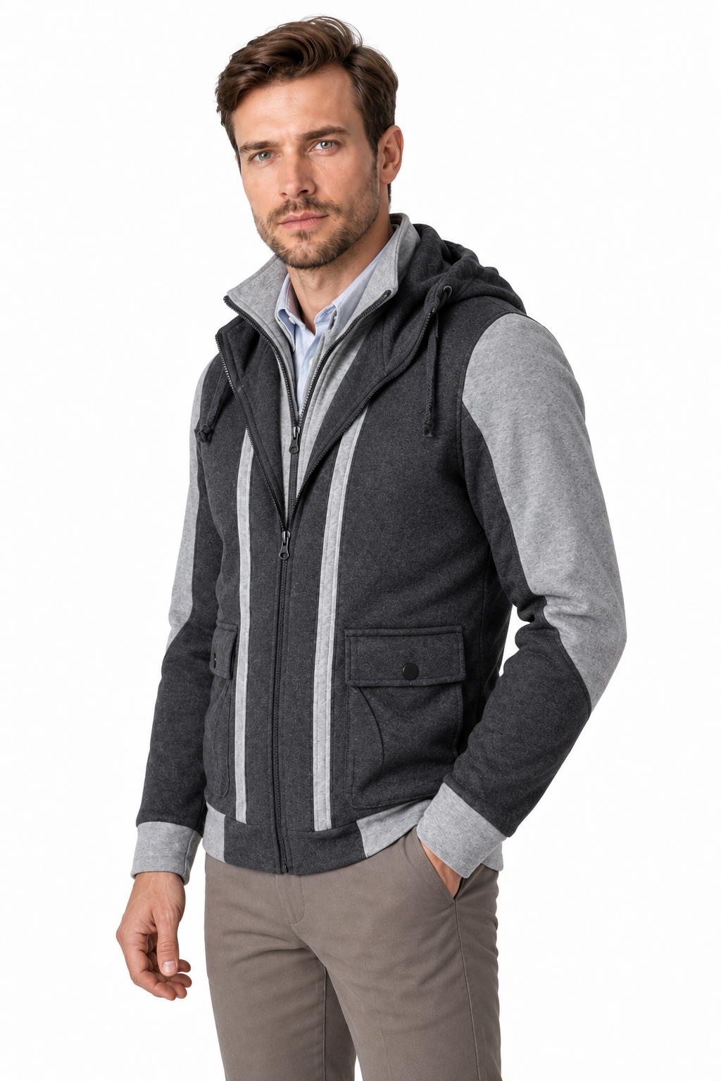 Ventorino Men's Field Jacket Protective Hood Casual Fit | Ventorino in Dark Grey — model three-quarter view