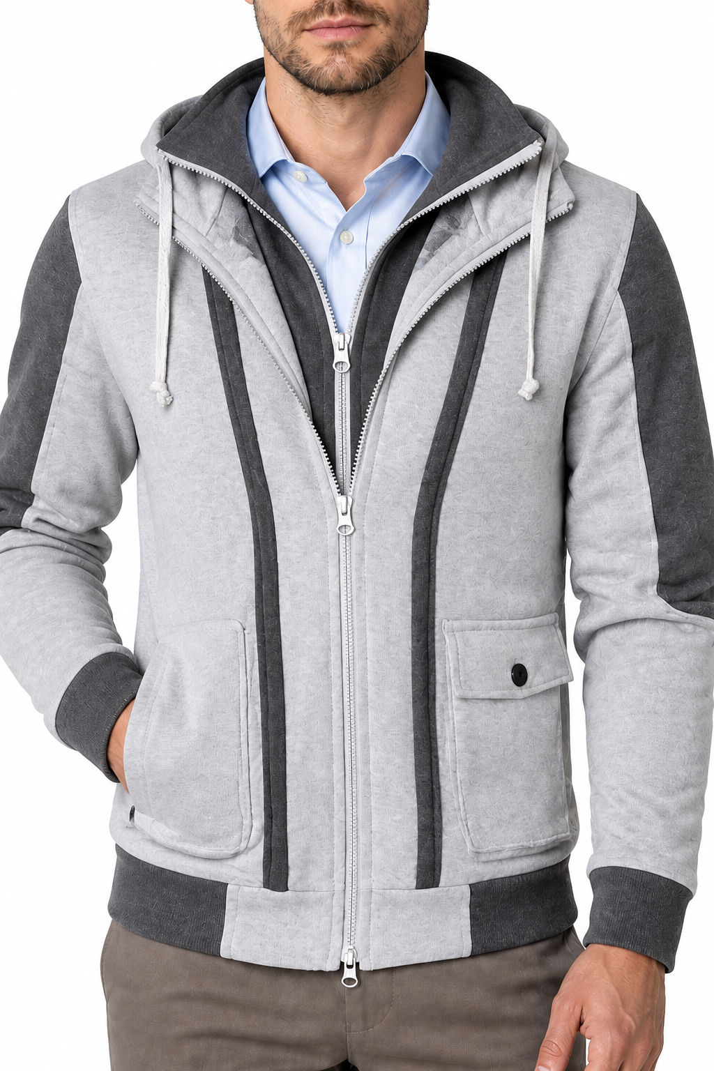 Ventorino Men's Field Jacket Protective Hood Casual Fit | Ventorino in Light Grey — garment and fabric detail