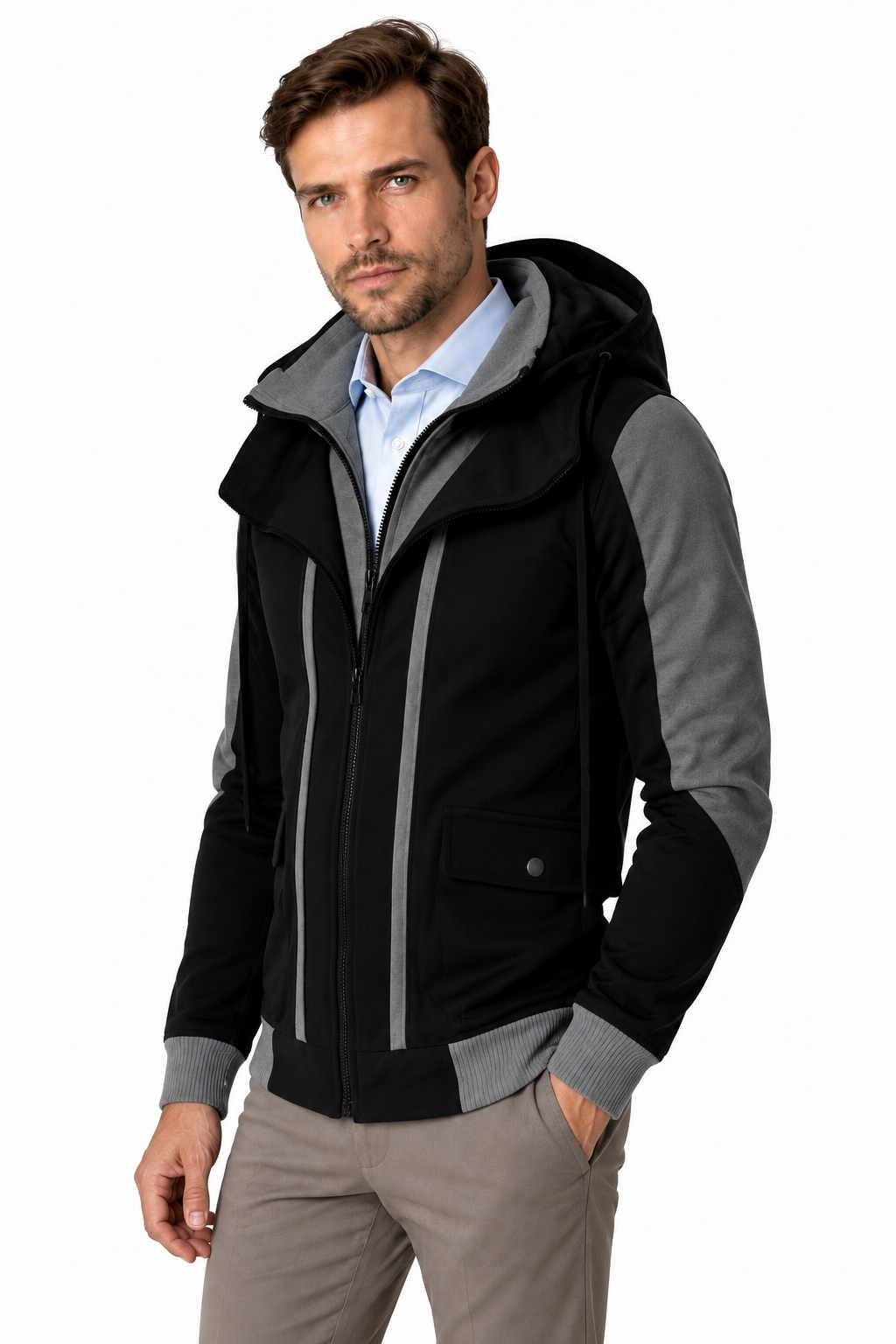 Ventorino Men's Field Jacket Protective Hood Casual Fit | Ventorino in Black — model three-quarter view