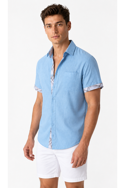 Ventorino plaid-trim short-sleeve shirt in blue plaid — model view