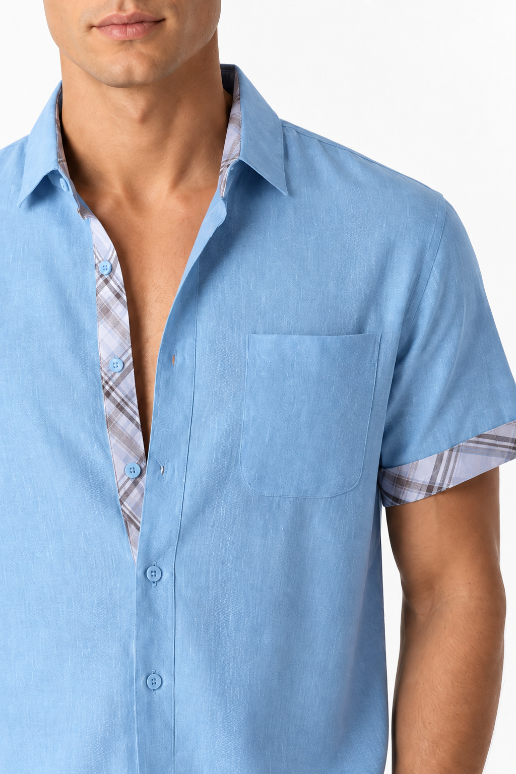 Ventorino plaid-trim short-sleeve shirt in blue plaid — plaid and fabric detail