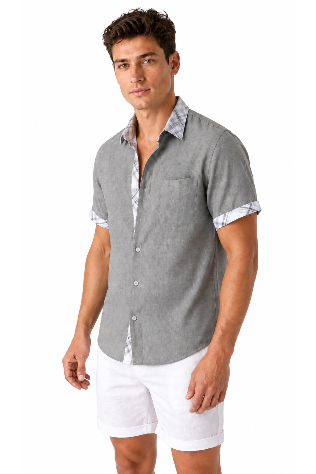 Ventorino plaid-trim short-sleeve shirt in gray plaid — model view