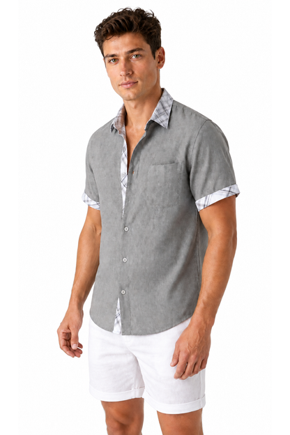 Ventorino plaid-trim short-sleeve shirt in gray plaid — model view