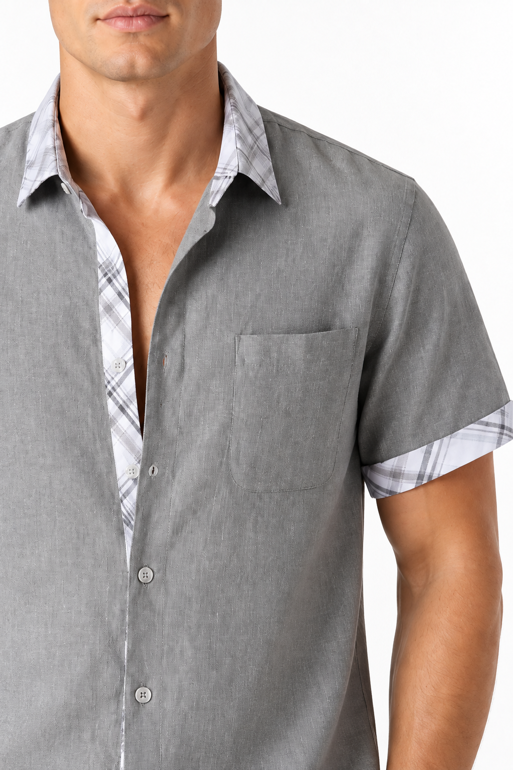 Ventorino plaid-trim short-sleeve shirt in gray plaid — plaid and fabric detail