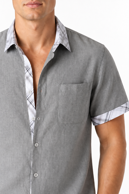 Ventorino plaid-trim short-sleeve shirt in gray plaid — plaid and fabric detail
