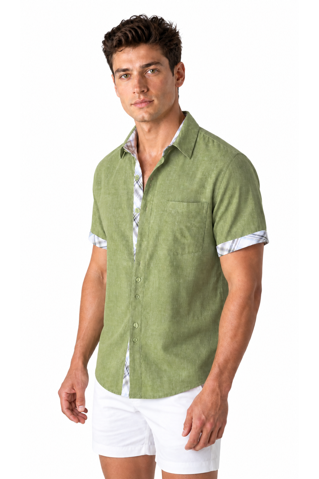 Ventorino plaid-trim short-sleeve shirt in green plaid — model view