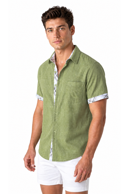 Ventorino plaid-trim short-sleeve shirt in green plaid — model view