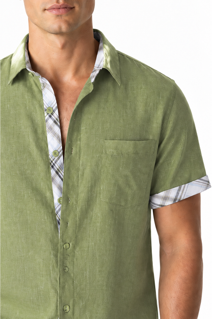Ventorino plaid-trim short-sleeve shirt in green plaid — plaid and fabric detail