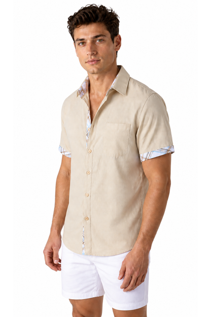 Ventorino plaid-trim short-sleeve shirt in khaki plaid — model view