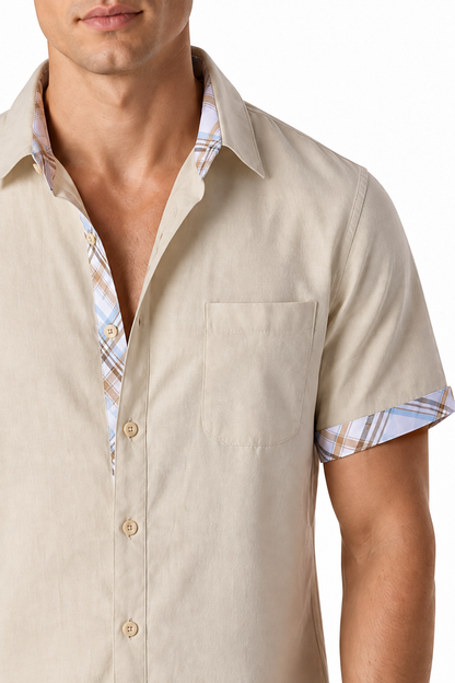 Ventorino plaid-trim short-sleeve shirt in khaki plaid — plaid and fabric detail