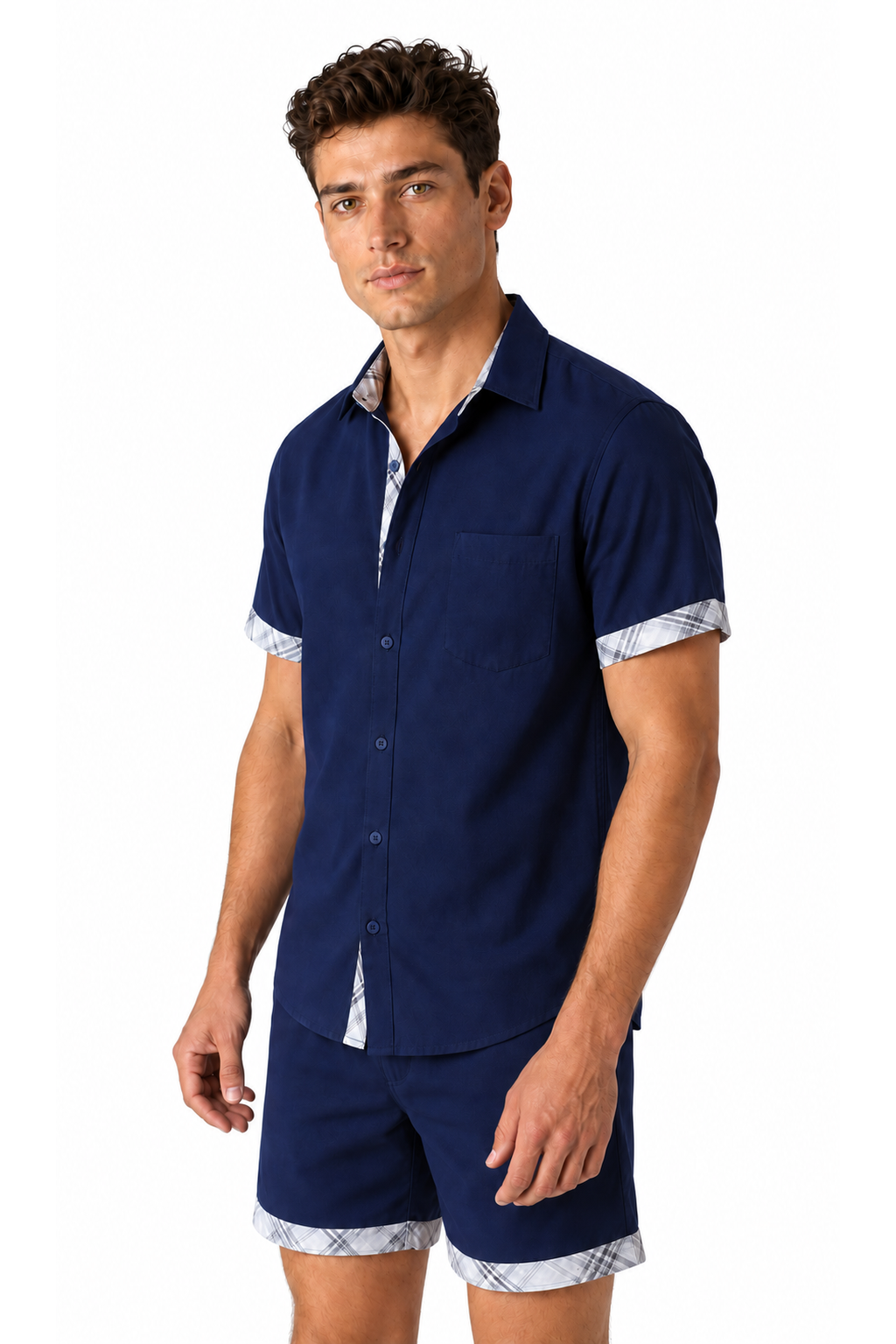 Ventorino plaid-trim short-sleeve shirt in navy blue — model view