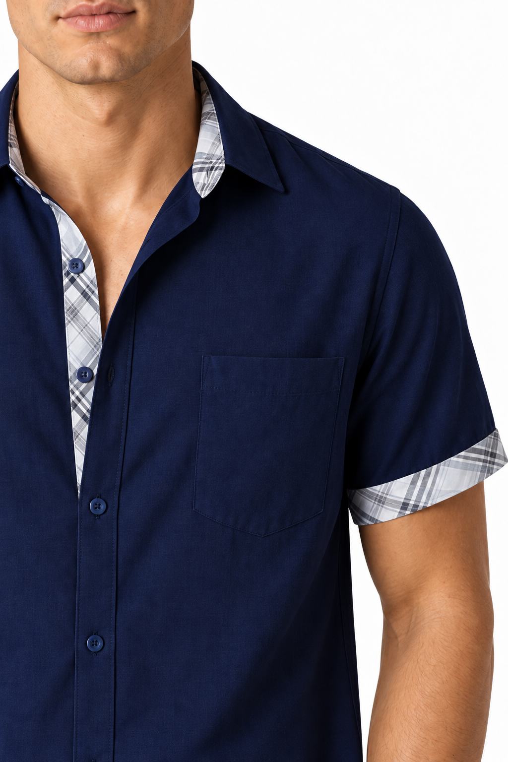 Ventorino plaid-trim short-sleeve shirt in navy blue — plaid and fabric detail