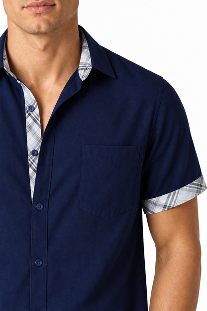 Ventorino plaid-trim short-sleeve shirt in navy blue — plaid and fabric detail