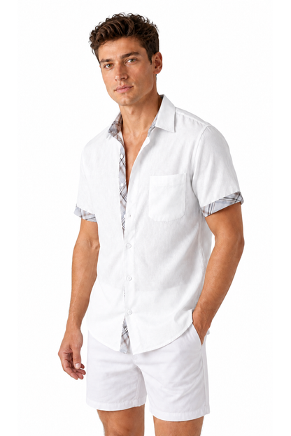 Ventorino plaid-trim short-sleeve shirt in white plaid — model view