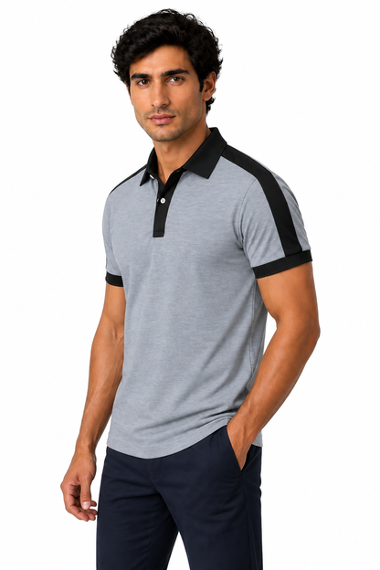 Ventorino Men's Business Polo Contrast Trim Refined Fit | Ventorino in Gray — model three-quarter view