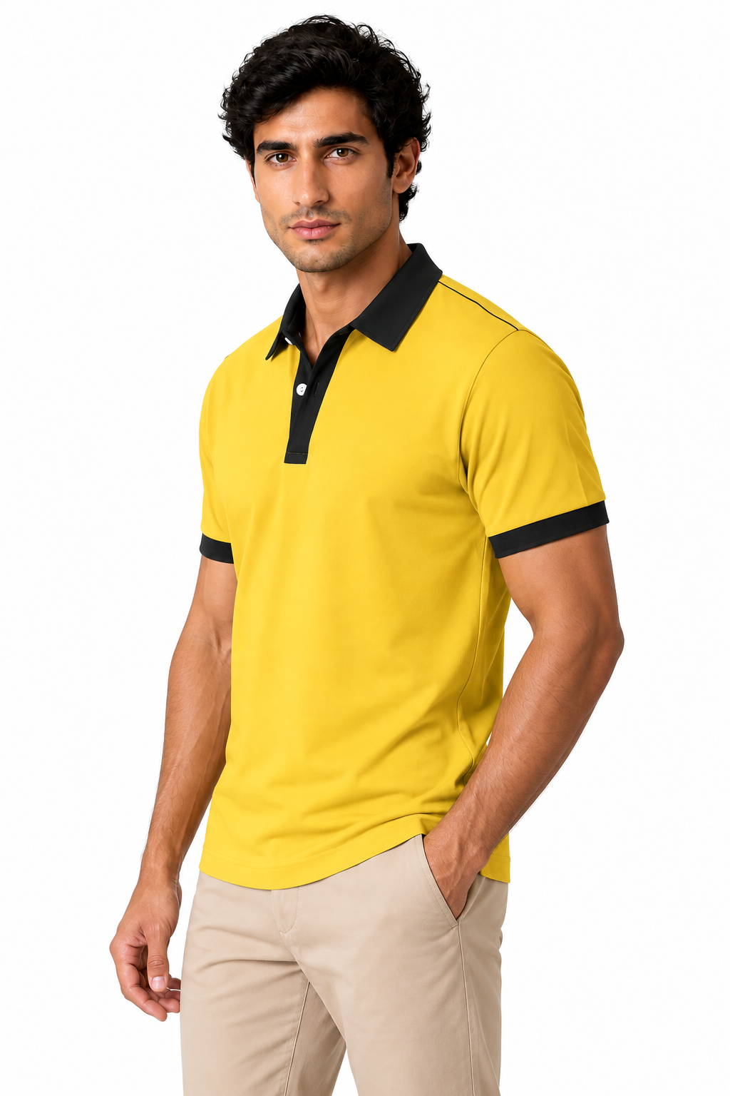 Ventorino Men's Business Polo Contrast Trim Refined Fit | Ventorino in Yellow — model three-quarter view