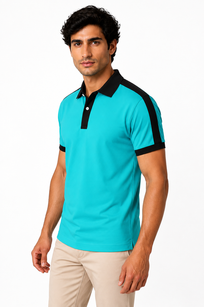 Ventorino Men's Business Polo Contrast Trim Refined Fit | Ventorino in Peacock Blue — model three-quarter view