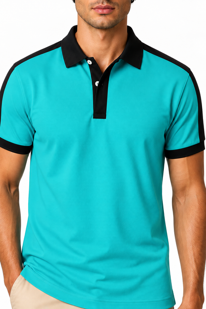 Ventorino Men's Business Polo Contrast Trim Refined Fit | Ventorino in Peacock Blue — garment and fabric detail