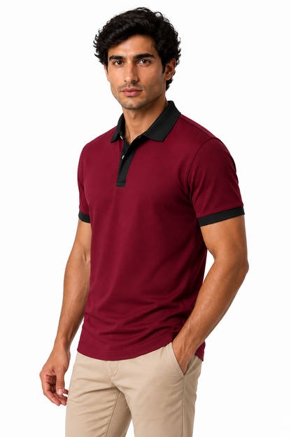 Ventorino Men's Business Polo Contrast Trim Refined Fit | Ventorino in Wine Red — model three-quarter view