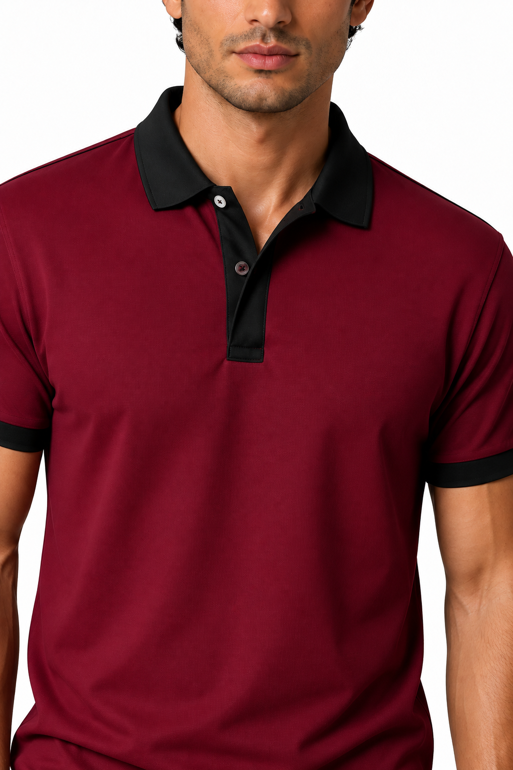 Ventorino Men's Business Polo Contrast Trim Refined Fit | Ventorino in Wine Red — garment and fabric detail