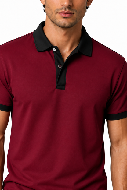 Ventorino Men's Business Polo Contrast Trim Refined Fit | Ventorino in Wine Red — garment and fabric detail