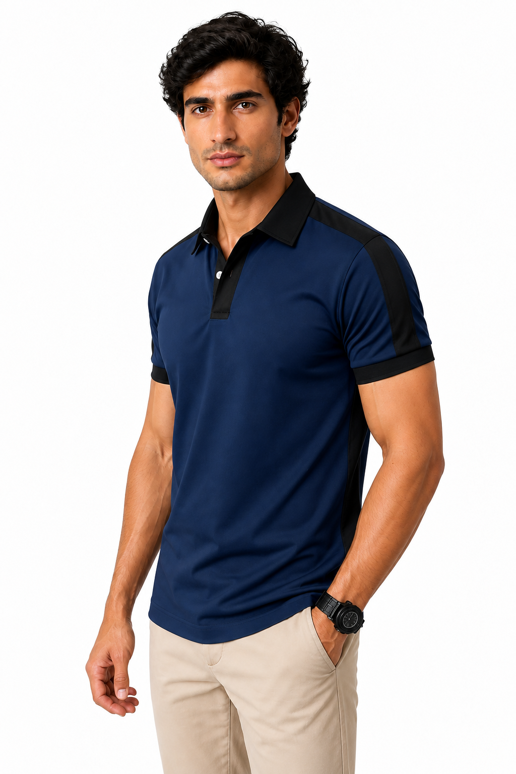 Ventorino Men's Business Polo Contrast Trim Refined Fit | Ventorino in Navy Blue — model three-quarter view