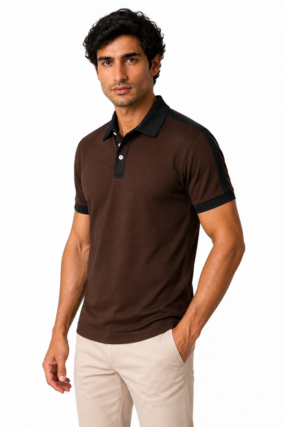 Ventorino Men's Business Polo Contrast Trim Refined Fit | Ventorino in Brown — model three-quarter view