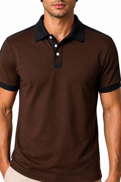 Ventorino Men's Business Polo Contrast Trim Refined Fit | Ventorino in Brown — garment and fabric detail