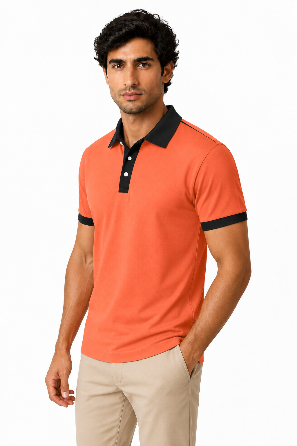 Ventorino Men's Business Polo Contrast Trim Refined Fit | Ventorino in Orange — model three-quarter view