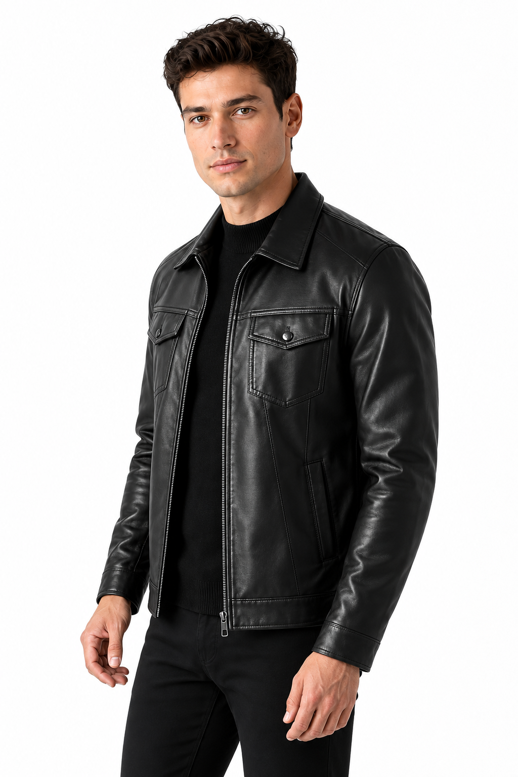 Ventorino Men's Jacket Quilted Finish Faux Leather | Ventorino in Spring And Autumn — model three-quarter view