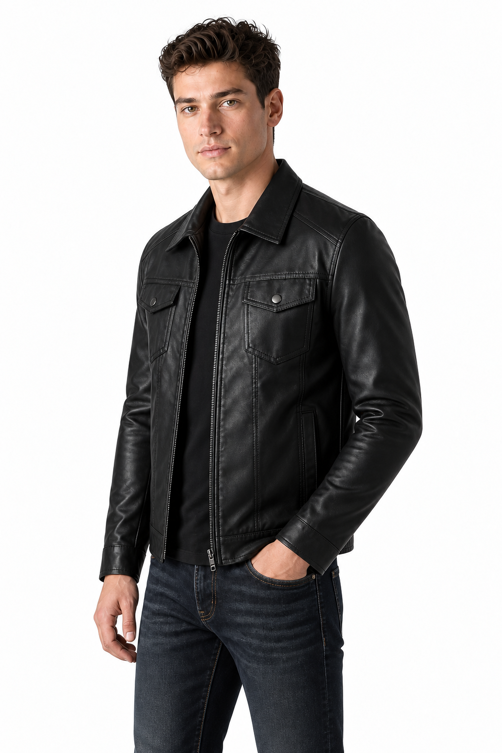 Ventorino Men's Jacket Quilted Finish Faux Leather | Ventorino in Fleece Lined — model three-quarter view