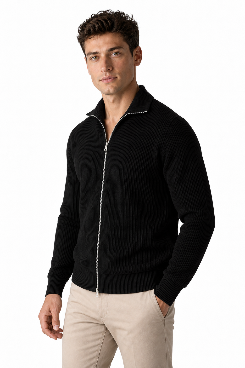 Ventorino Men's Zip Cardigan Heavyweight Knit Stand Collar | Ventorino in Black — model three-quarter view