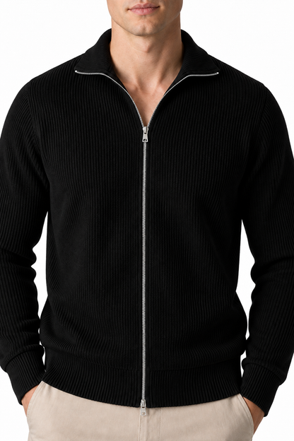 Ventorino Men's Zip Cardigan Heavyweight Knit Stand Collar | Ventorino in Black — garment and fabric detail