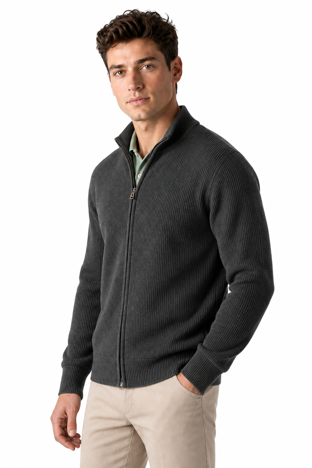 Ventorino Men's Zip Cardigan Heavyweight Knit Stand Collar | Ventorino in Dark Gray — model three-quarter view