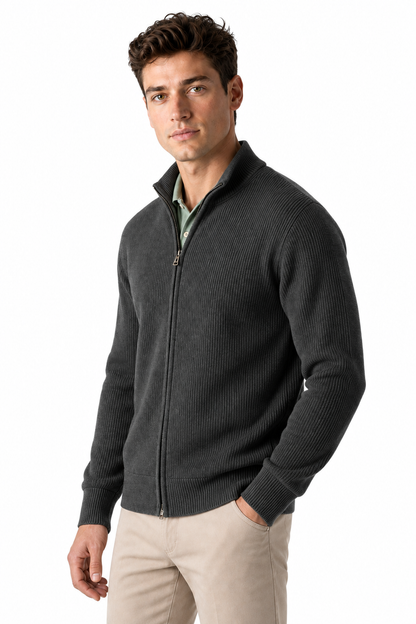 Ventorino Men's Zip Cardigan Heavyweight Knit Stand Collar | Ventorino in Dark Gray — model three-quarter view
