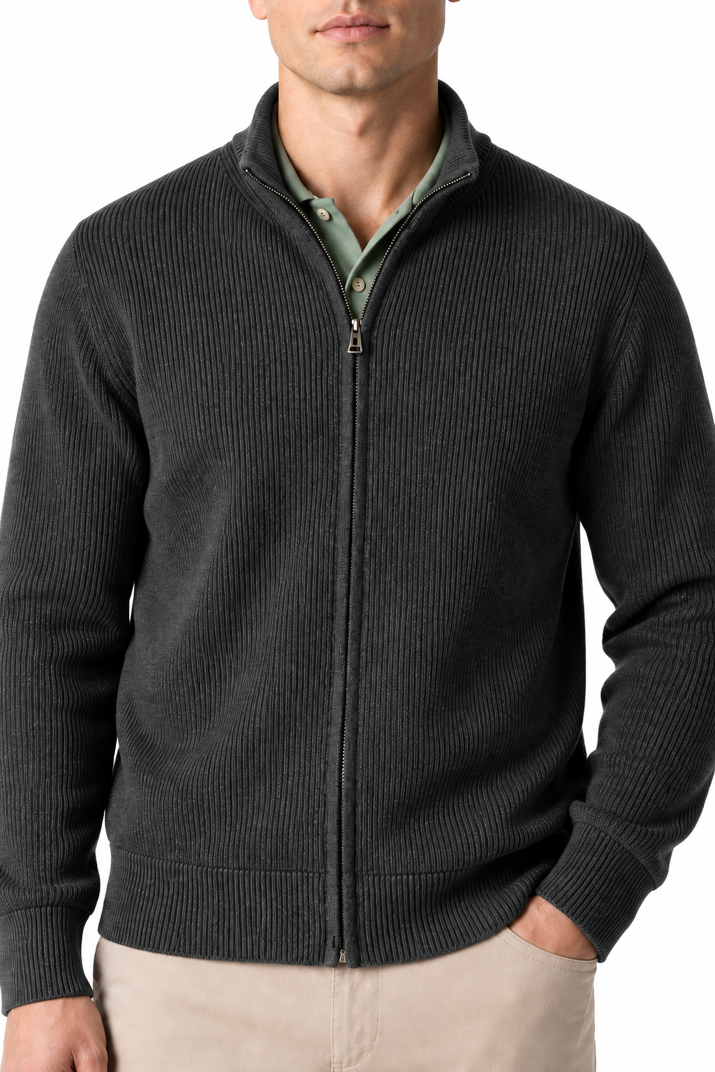 Ventorino Men's Zip Cardigan Heavyweight Knit Stand Collar | Ventorino in Dark Gray — garment and fabric detail