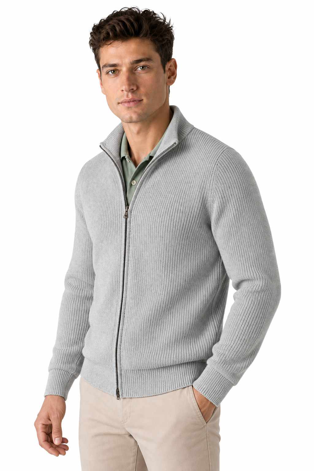 Ventorino Men's Zip Cardigan Heavyweight Knit Stand Collar | Ventorino in Light Gray — model three-quarter view