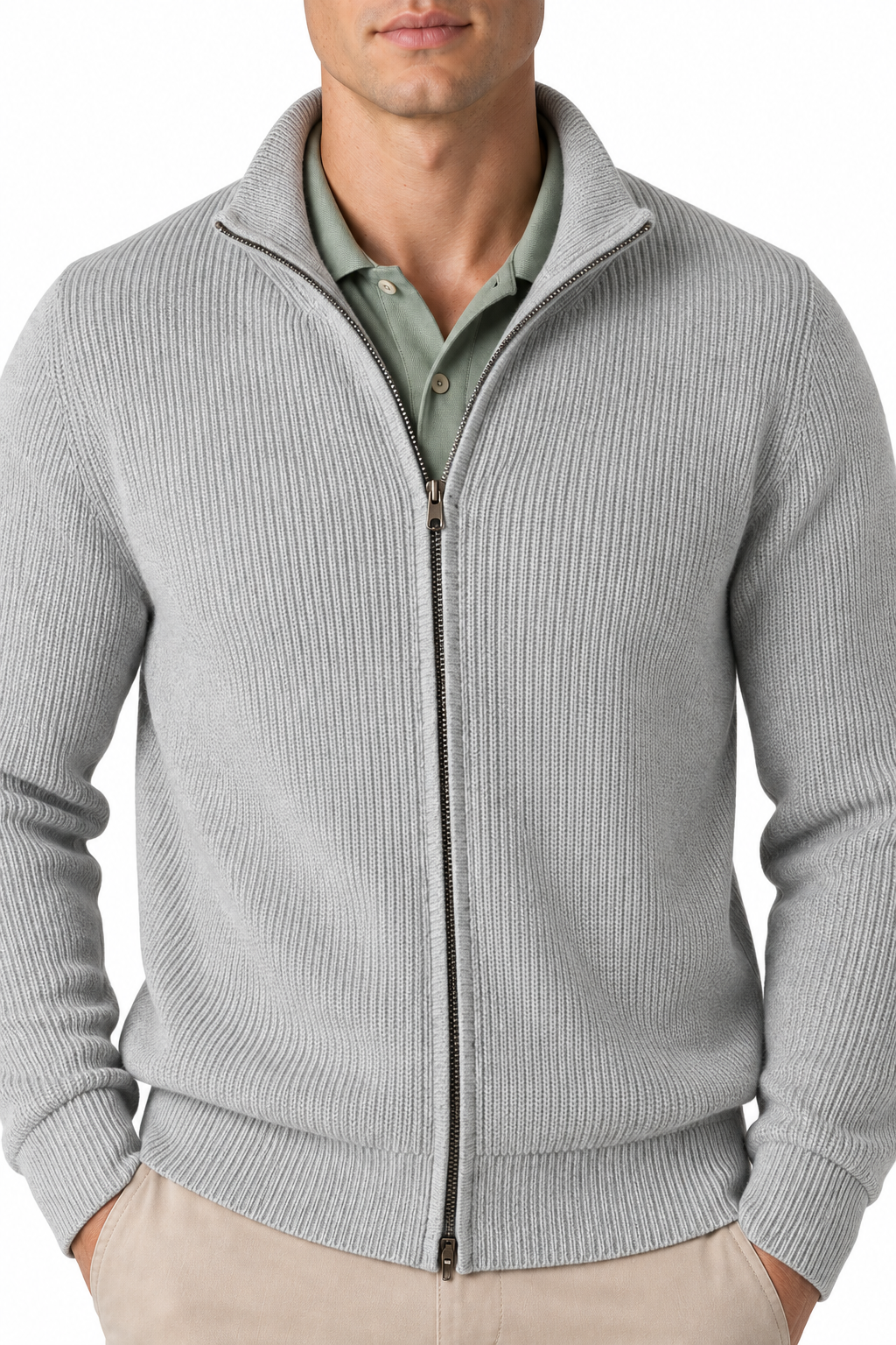 Ventorino Men's Zip Cardigan Heavyweight Knit Stand Collar | Ventorino in Light Gray — garment and fabric detail