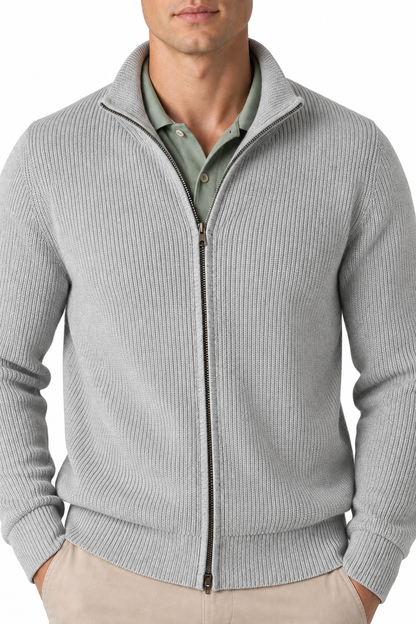 Ventorino Men's Zip Cardigan Heavyweight Knit Stand Collar | Ventorino in Light Gray — garment and fabric detail