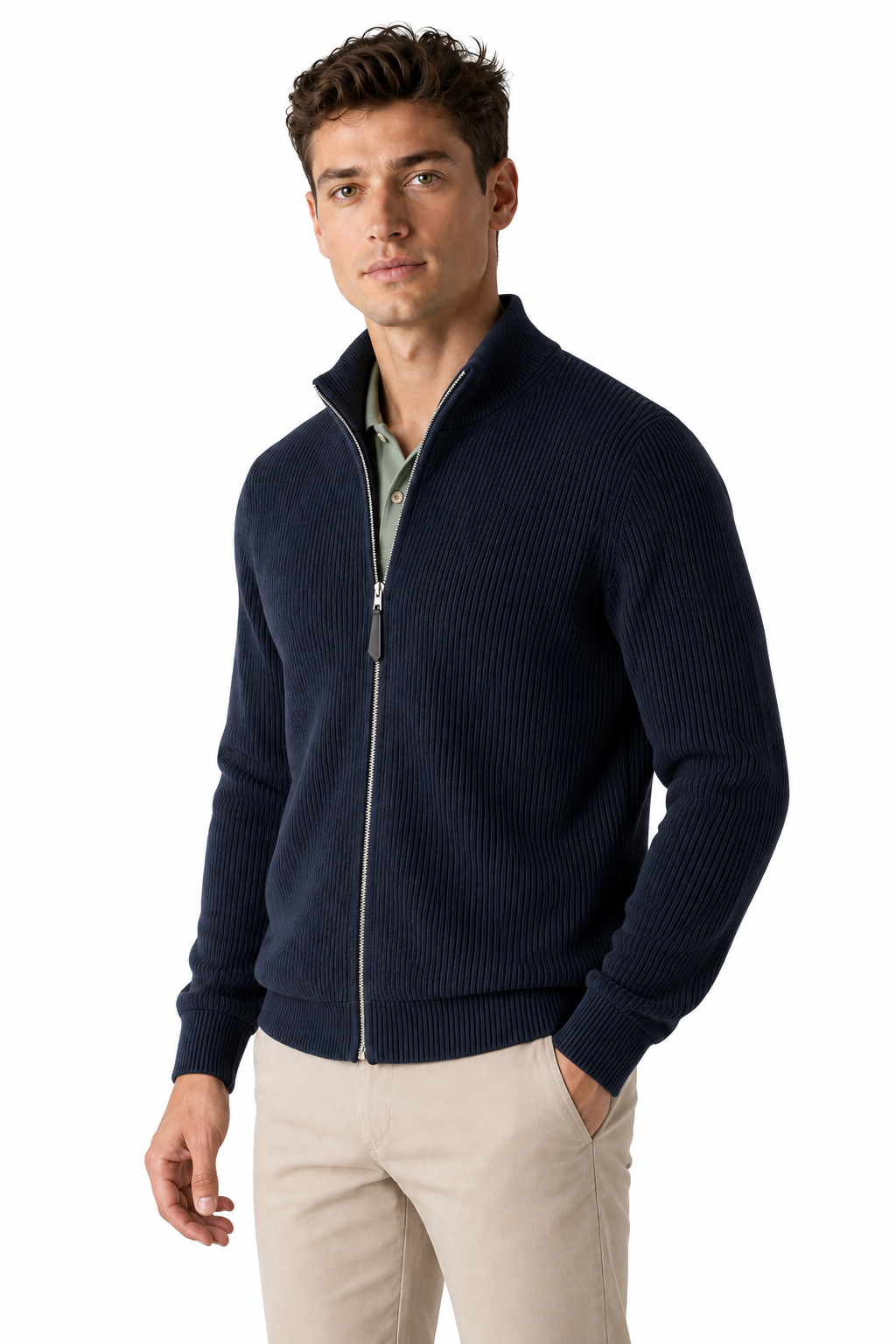 Ventorino Men's Zip Cardigan Heavyweight Knit Stand Collar | Ventorino in Navy Blue — model three-quarter view
